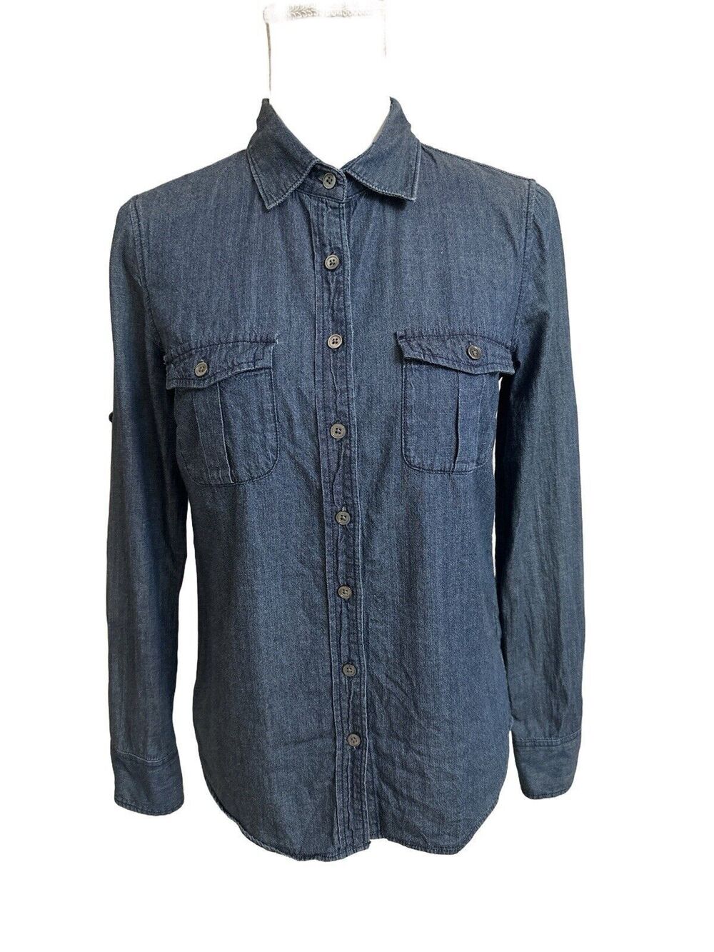 J Crew Women's 2 Lightweight Denim Long Sleeve Button Down Shirt Roll Tab Sleeve
